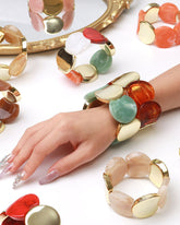 Green Acrylic Marble Gold Geometric Disc Stretchable Bracelet