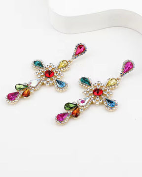 Multi Rhinestone Cross Statement Drop Earrings
