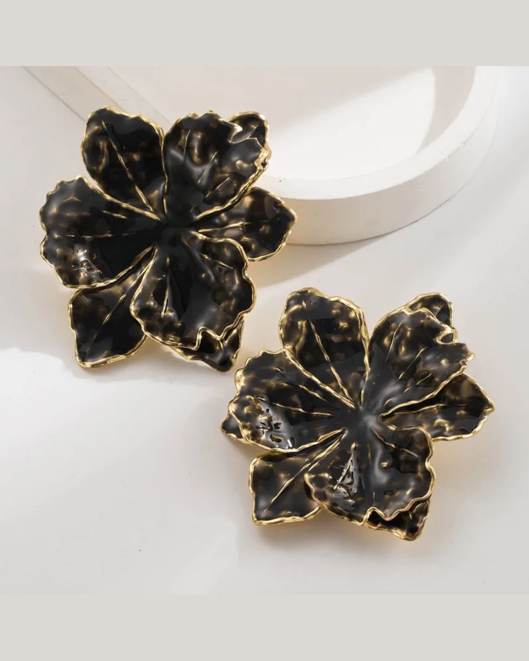 Black Petal Large Flower Stud Earrings