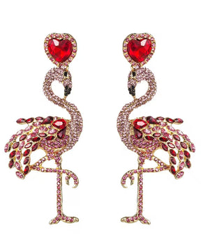 Pink Retro Flamingo Rhinestone Drop Earrings