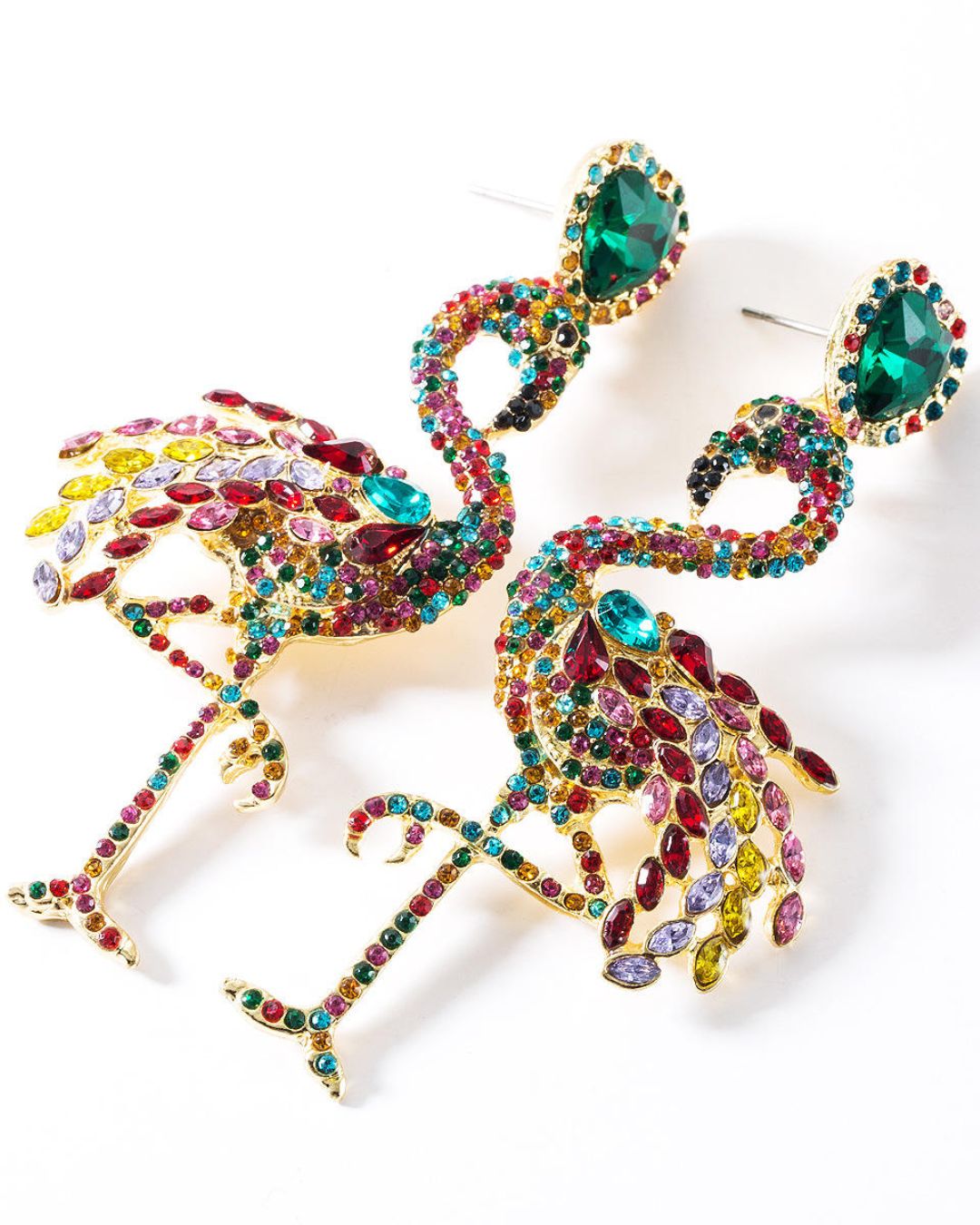 Green Retro Flamingo Rhinestone Drop Earrings