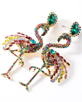 Green Retro Flamingo Rhinestone Drop Earrings