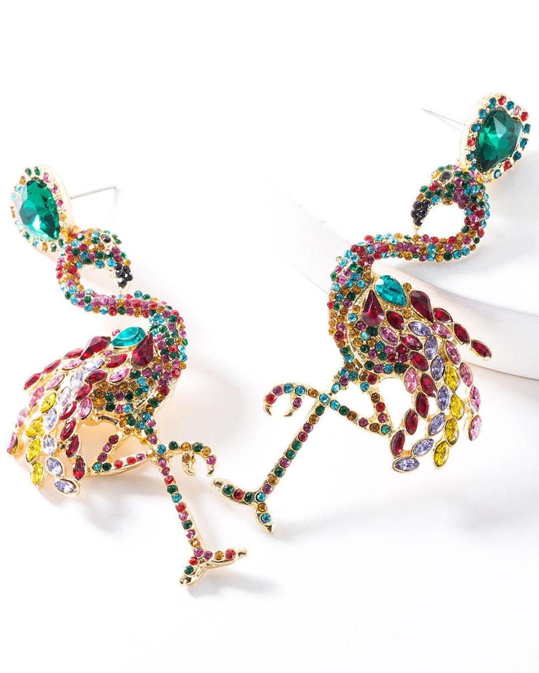 Green Retro Flamingo Rhinestone Drop Earrings