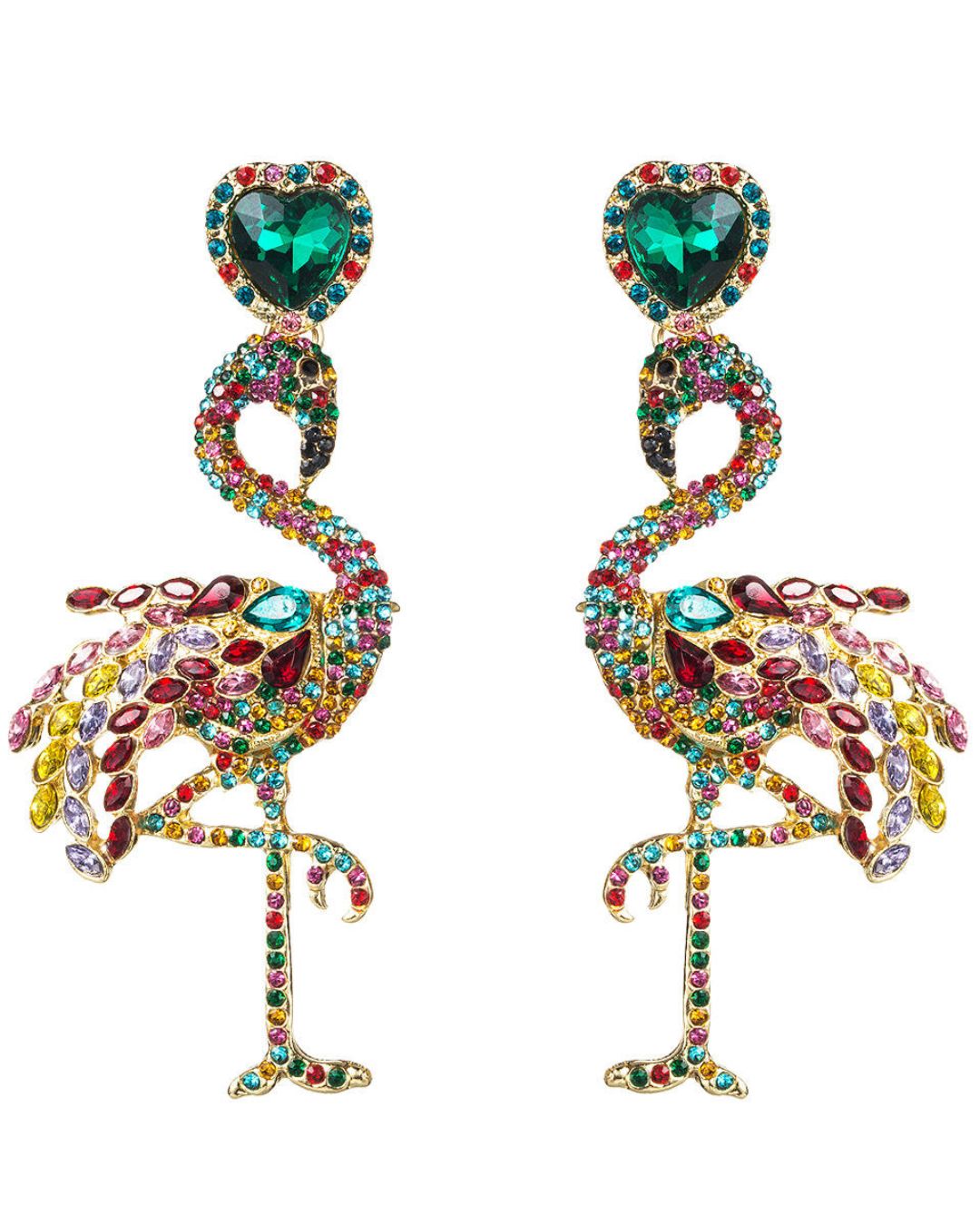 Green Retro Flamingo Rhinestone Drop Earrings