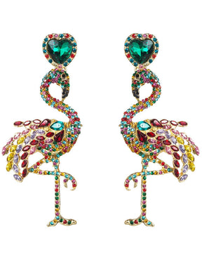 Green Retro Flamingo Rhinestone Drop Earrings