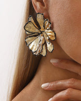 Black Enamel Floral Statement Gold Stud Earrings