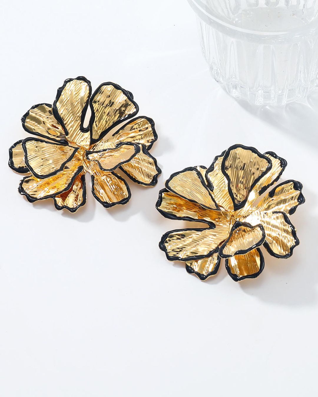 Black Enamel Floral Statement Gold Stud Earrings