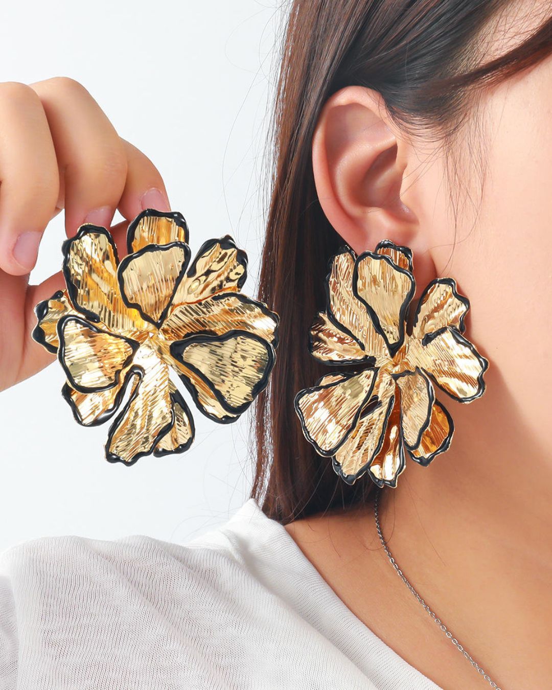 Black Enamel Floral Statement Gold Stud Earrings