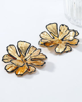 Black Enamel Floral Statement Gold Stud Earrings