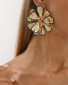 Black Enamel Floral Statement Gold Stud Earrings