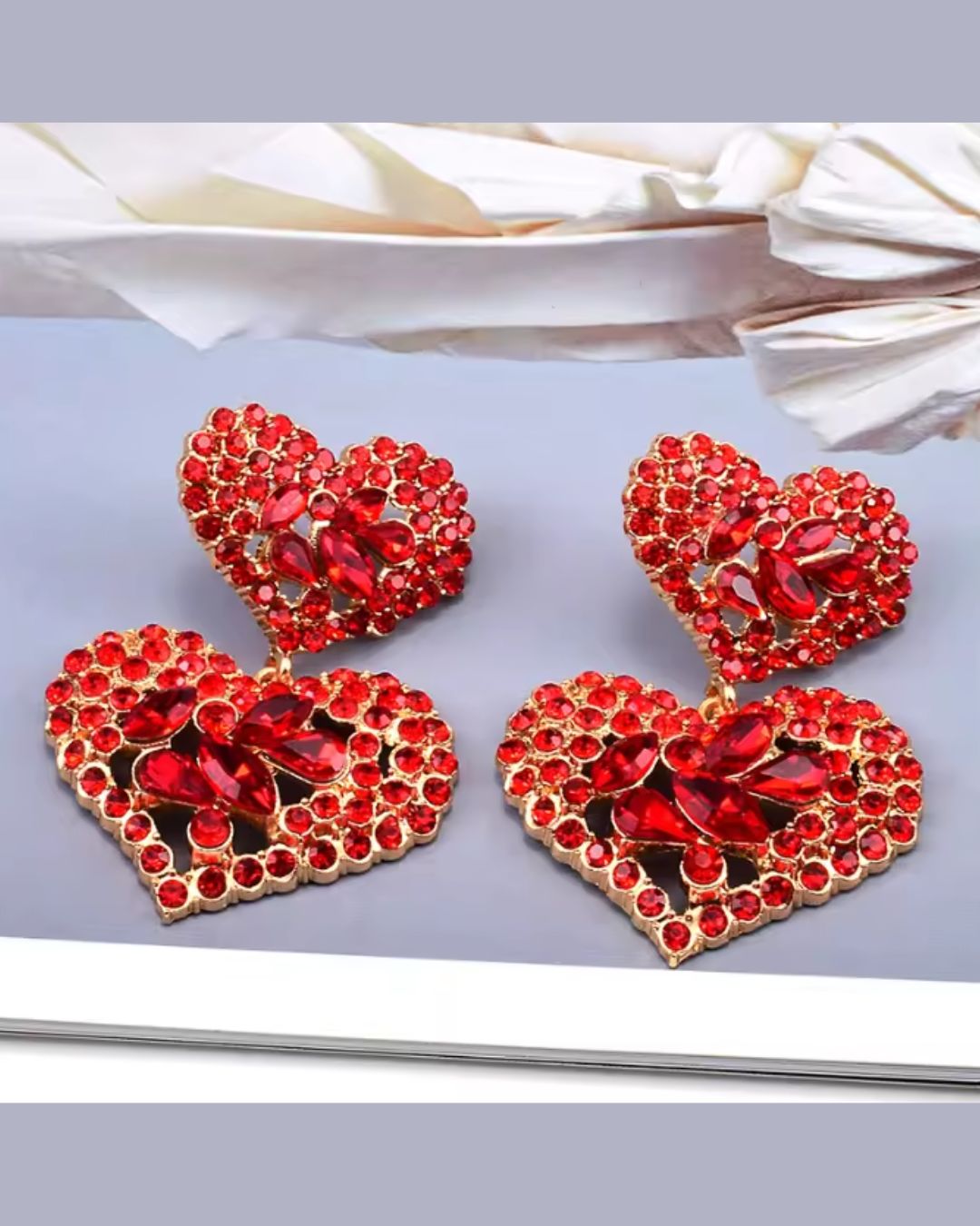 Red American Diamond Heart Drop Earrings