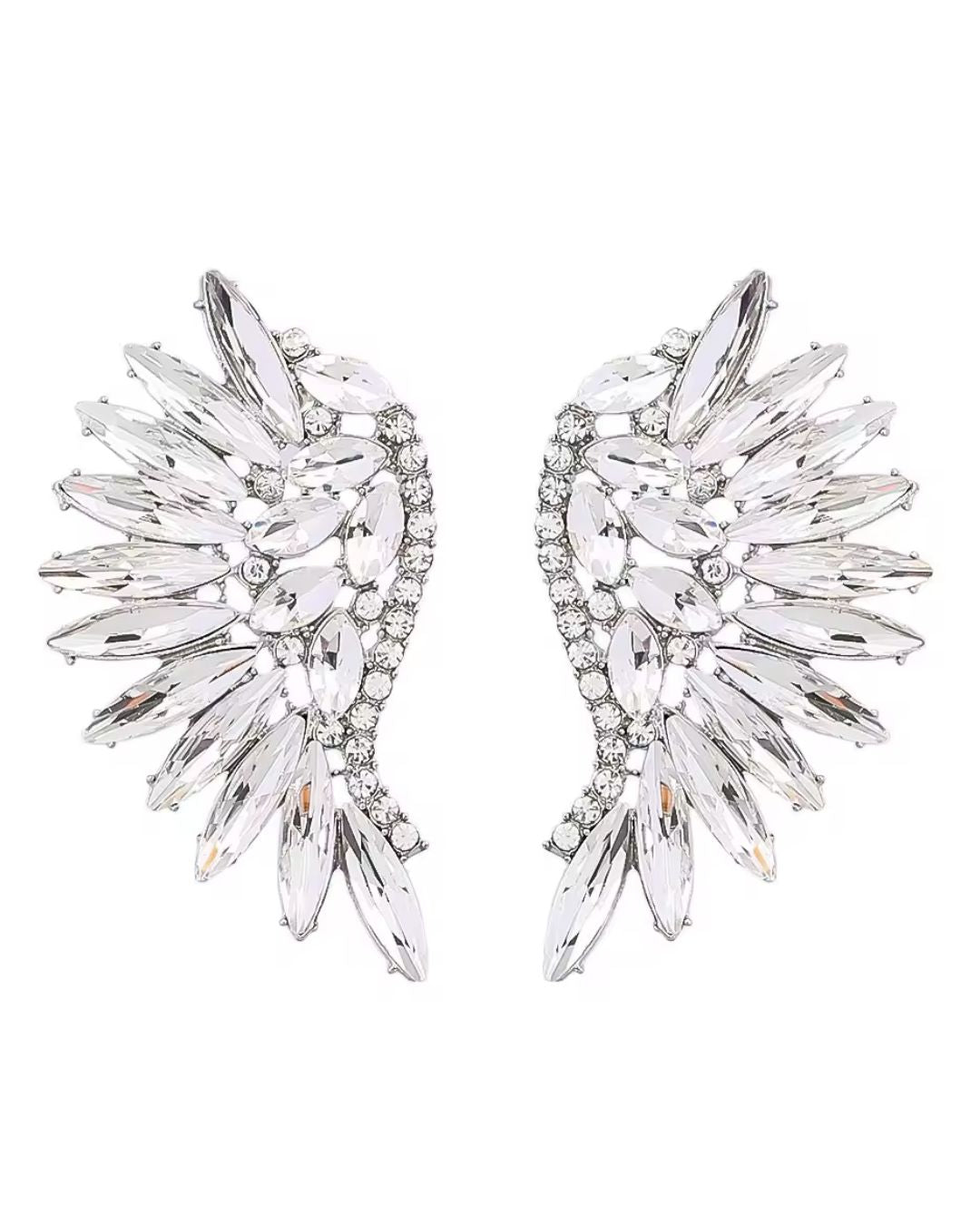 Silver Statement Rhinestone Wings Stud Earrings
