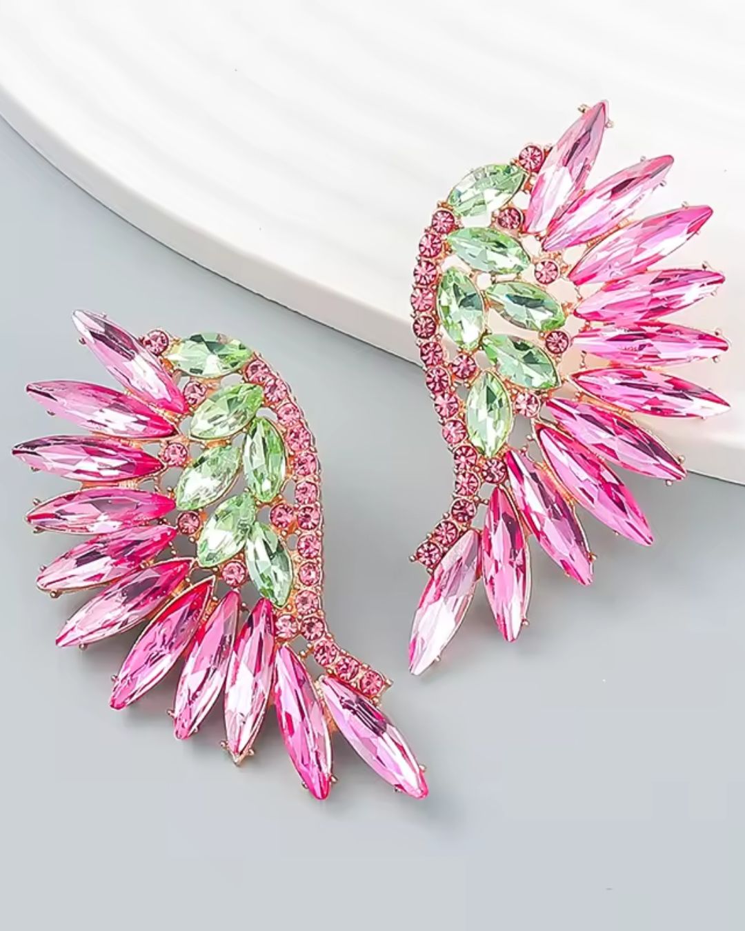 Pink Statement Rhinestone Wings Stud Earrings