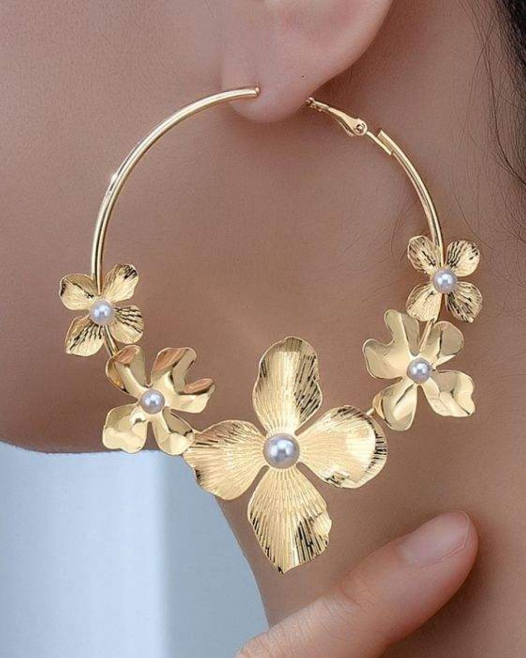 Golden Flower Pearl Hoop Earrings