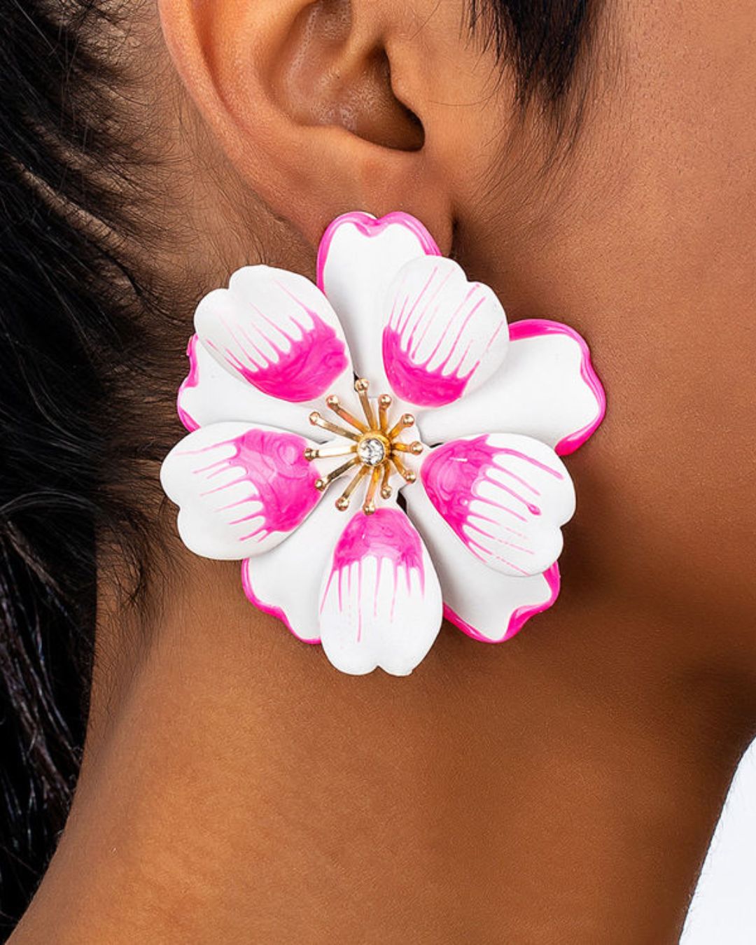White Petal Enamel Flower Drop Earrings