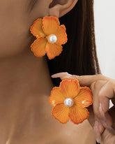 Orange Enamel Pearl Floral Stud Earrings