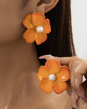Orange Enamel Pearl Floral Stud Earrings