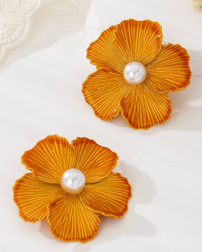 Orange Enamel Pearl Floral Stud Earrings