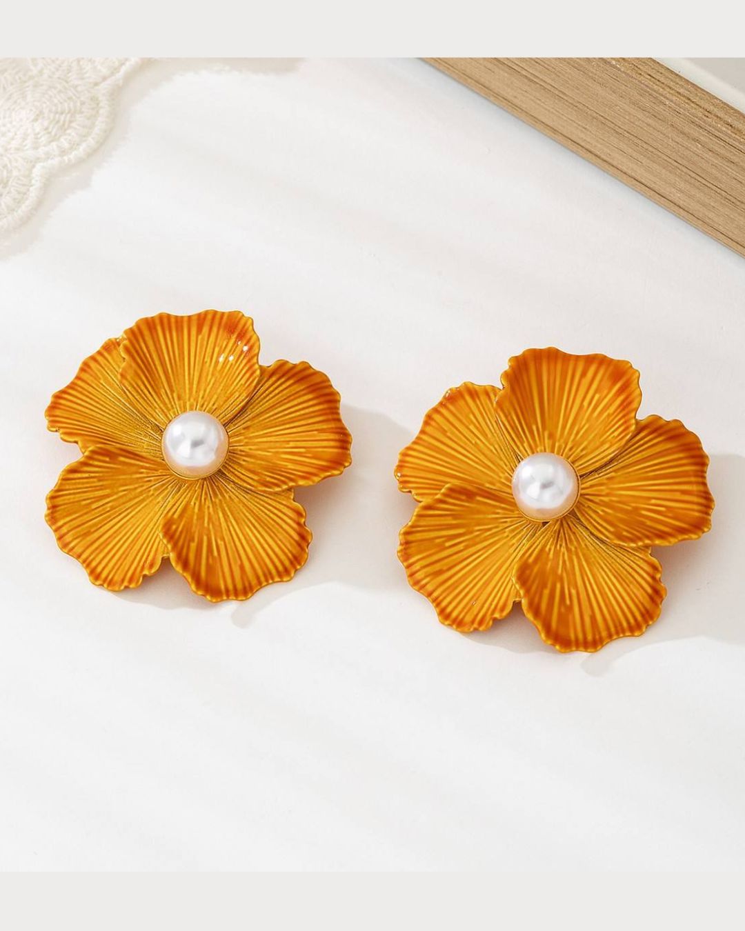 Orange Enamel Pearl Floral Stud Earrings