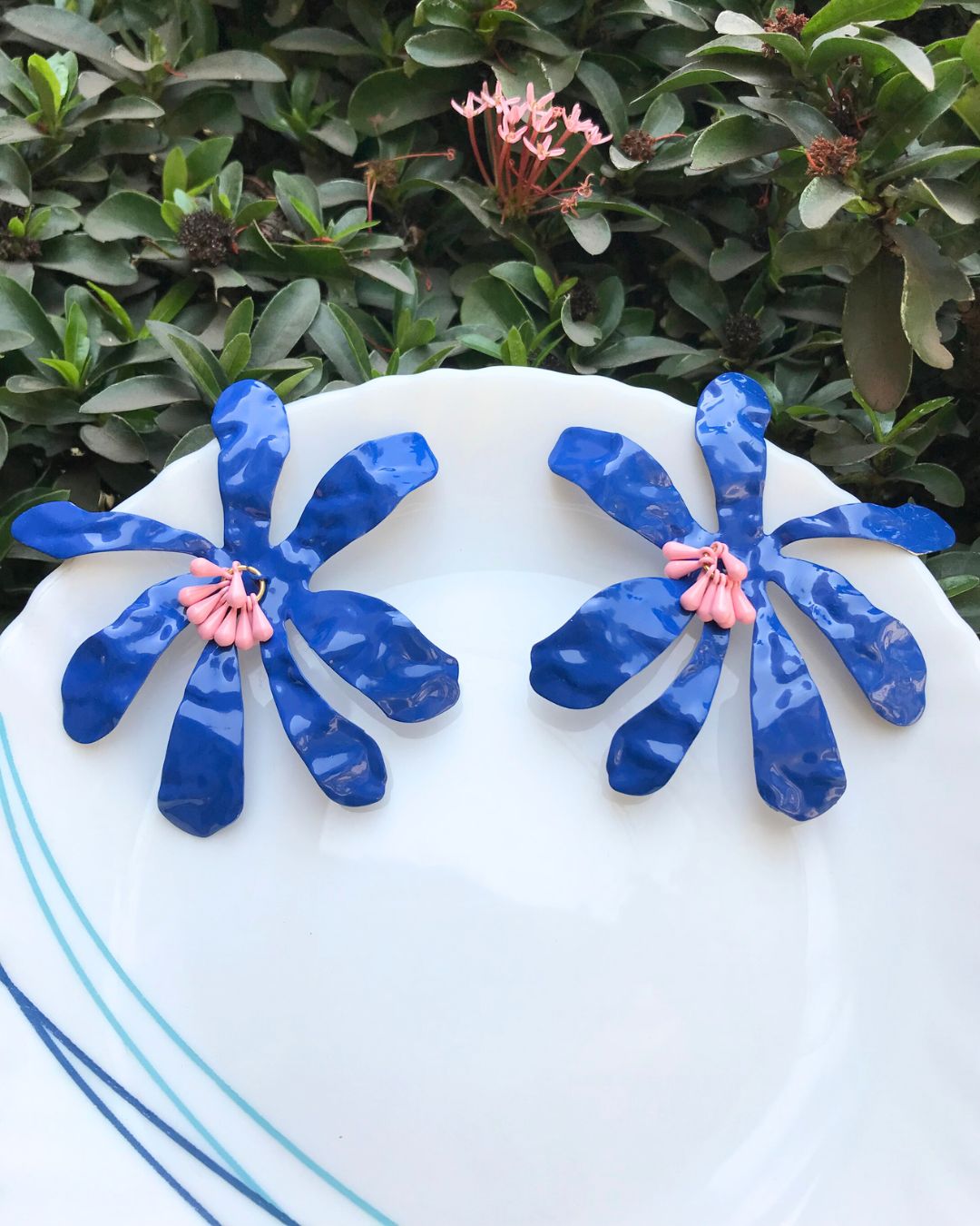 Blue Petal Beaded Flower Stud Earrings