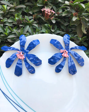 Blue Petal Beaded Flower Stud Earrings