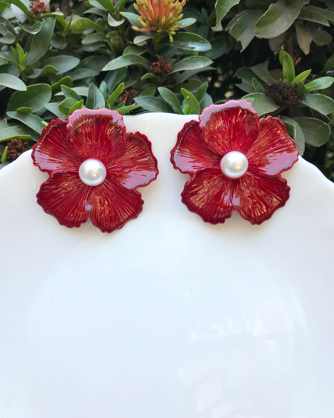 Maroon Enamel Pearl Floral Stud Earrings