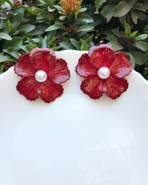 Maroon Enamel Pearl Floral Stud Earrings