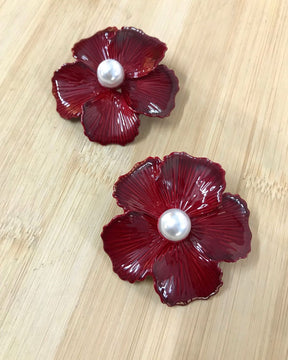 Maroon Enamel Pearl Floral Stud Earrings
