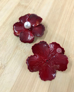 Maroon Enamel Pearl Floral Stud Earrings