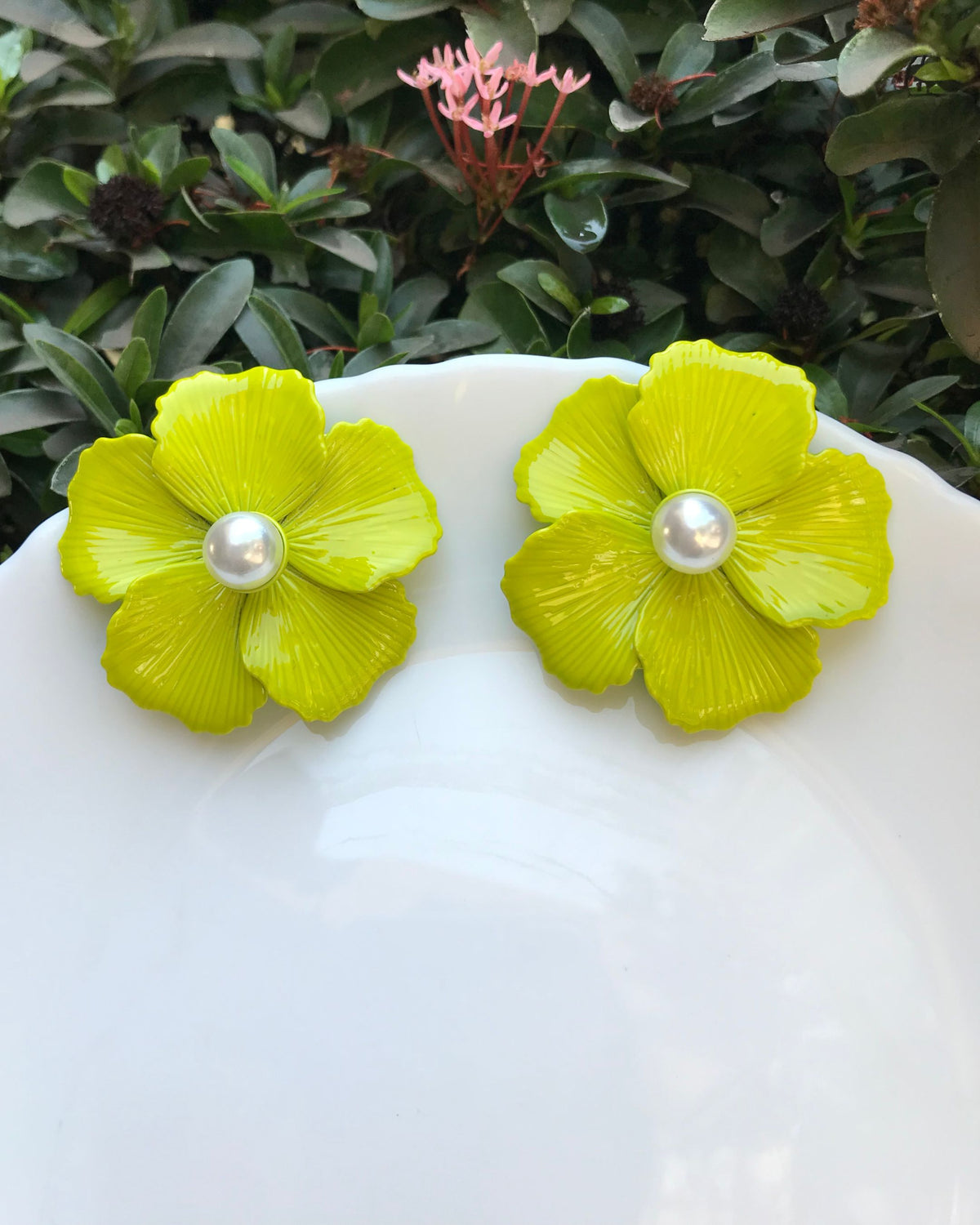 Neon Enamel Pearl Floral Stud Earrings