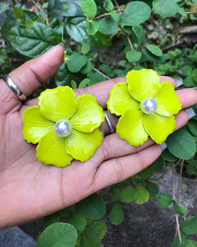 Neon Enamel Pearl Floral Stud Earrings