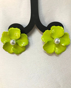 Neon Enamel Pearl Floral Stud Earrings