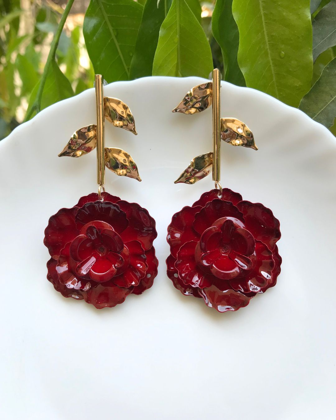 Maroon Rose Petal Drop Earrings