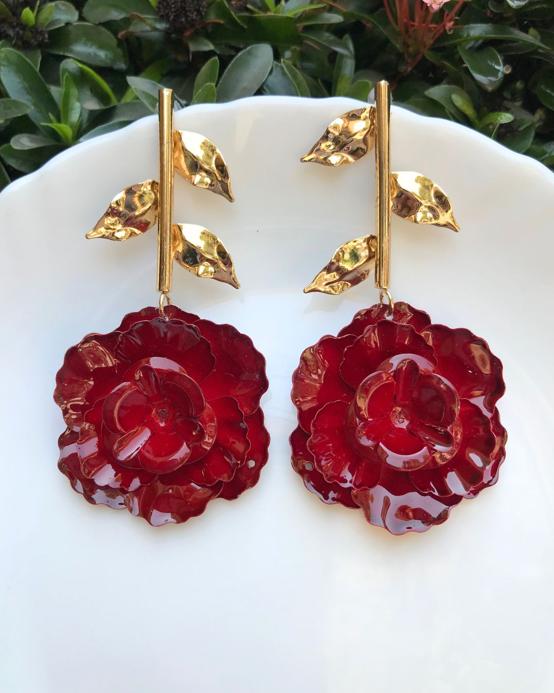 Maroon Rose Petal Drop Earrings
