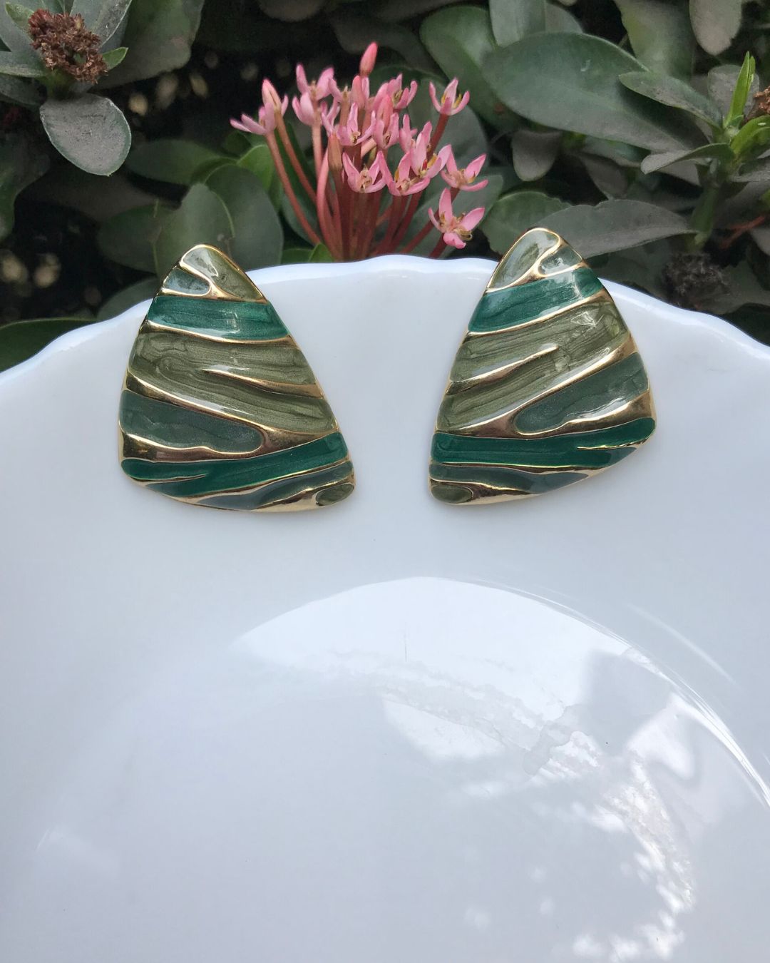 Green Wave Triangle Stud Earrings