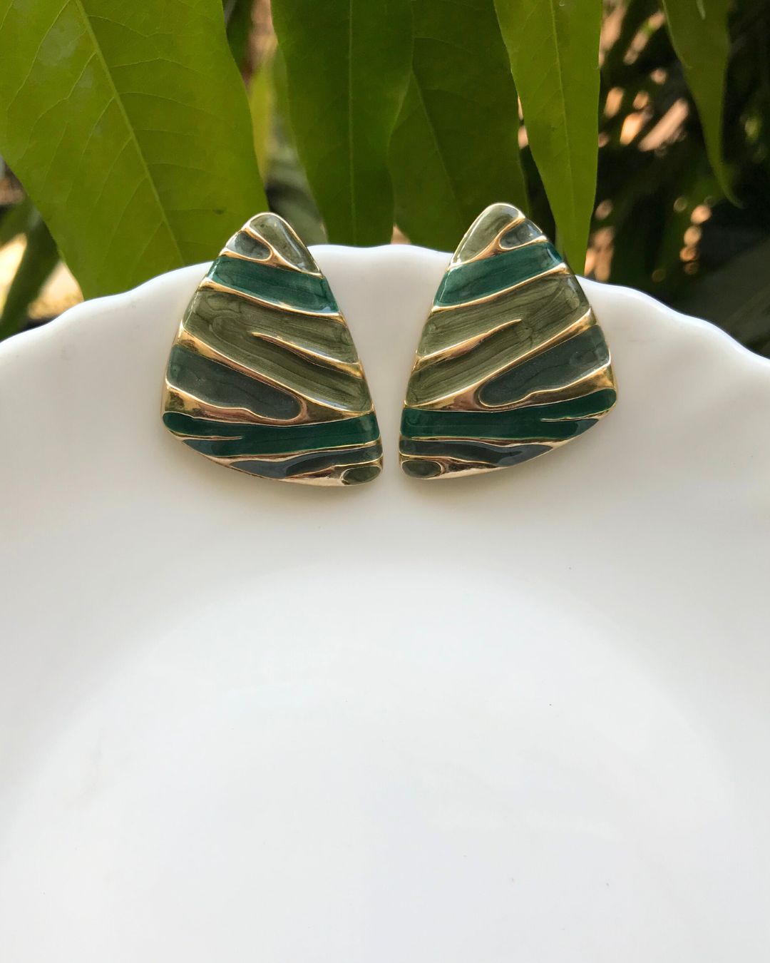 Green Wave Triangle Stud Earrings