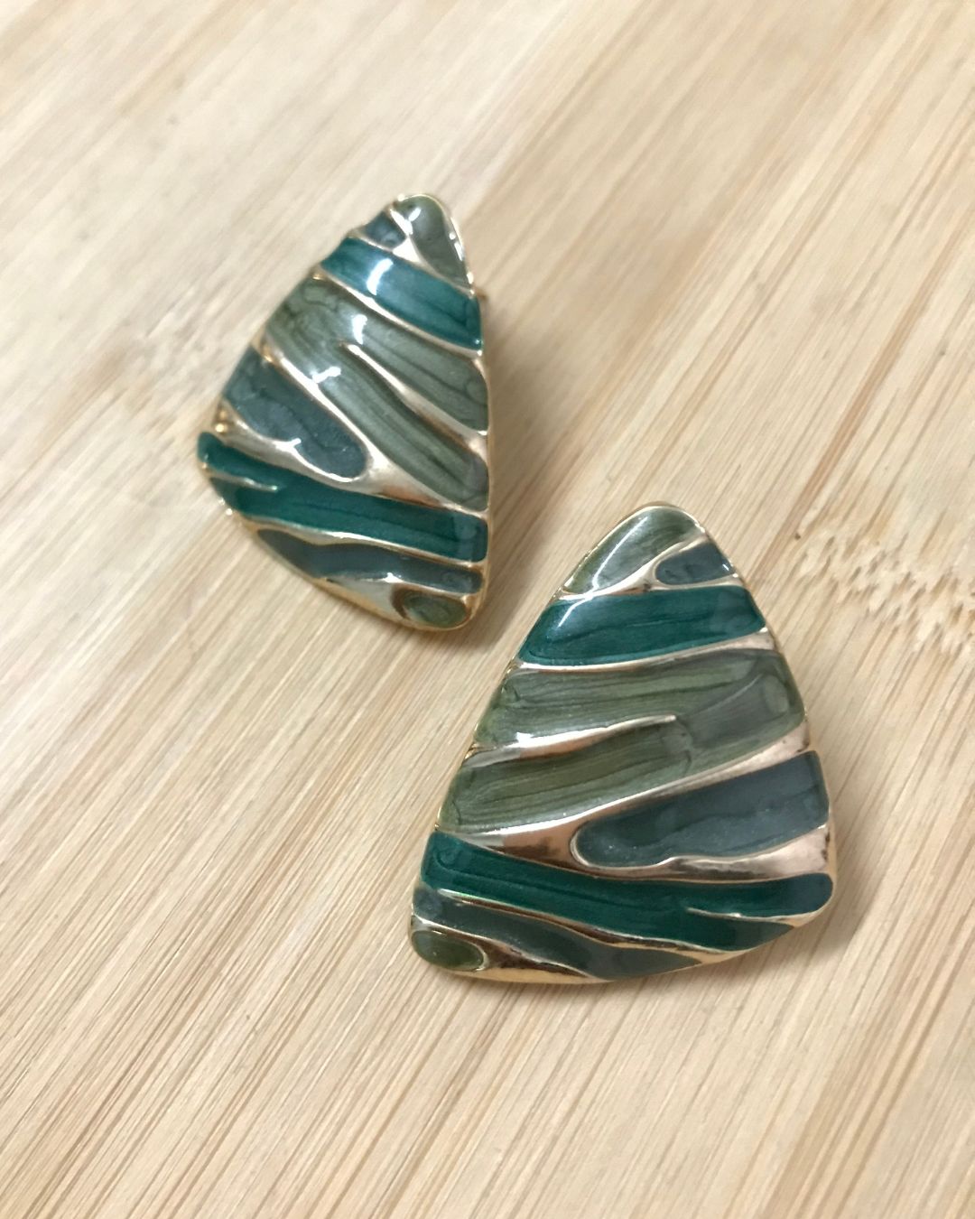 Green Wave Triangle Stud Earrings