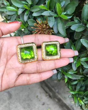 Green Square Crystal Stud Earrings