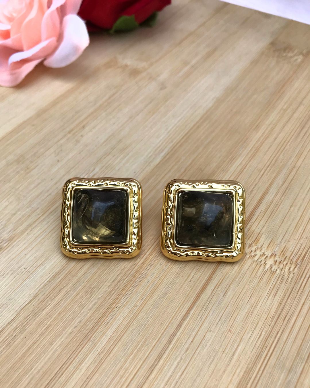 Golden Square Crystal Stud Earrings