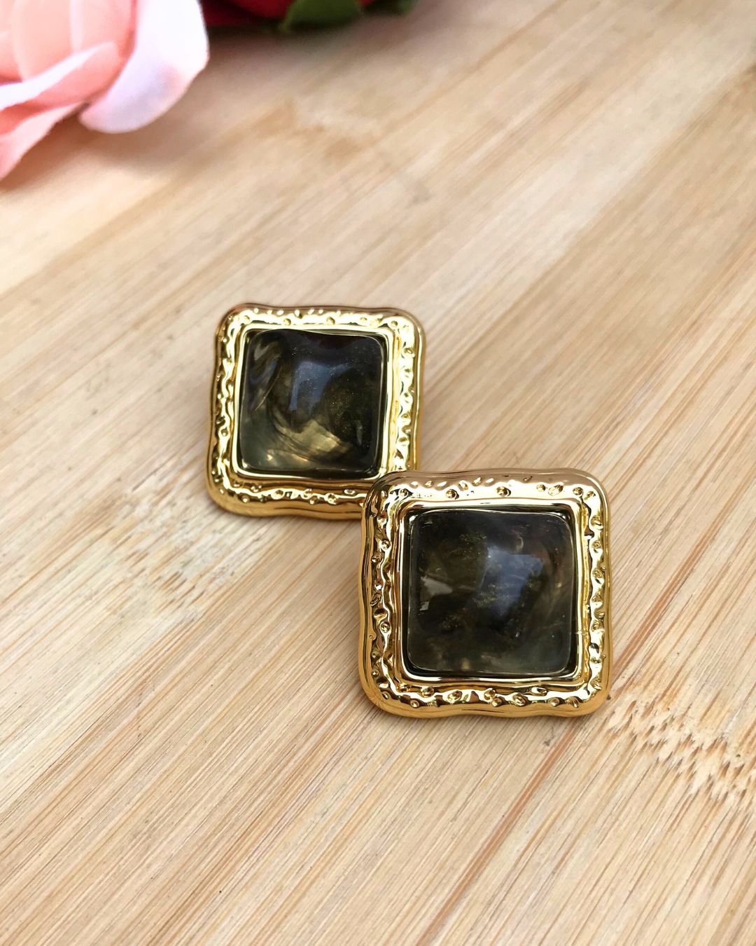 Golden Square Crystal Stud Earrings
