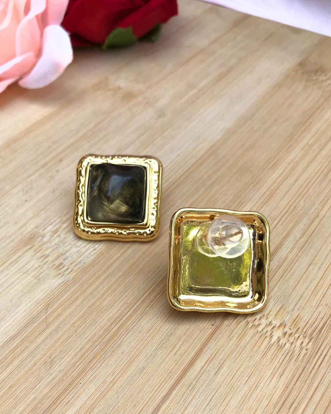 Golden Square Crystal Stud Earrings