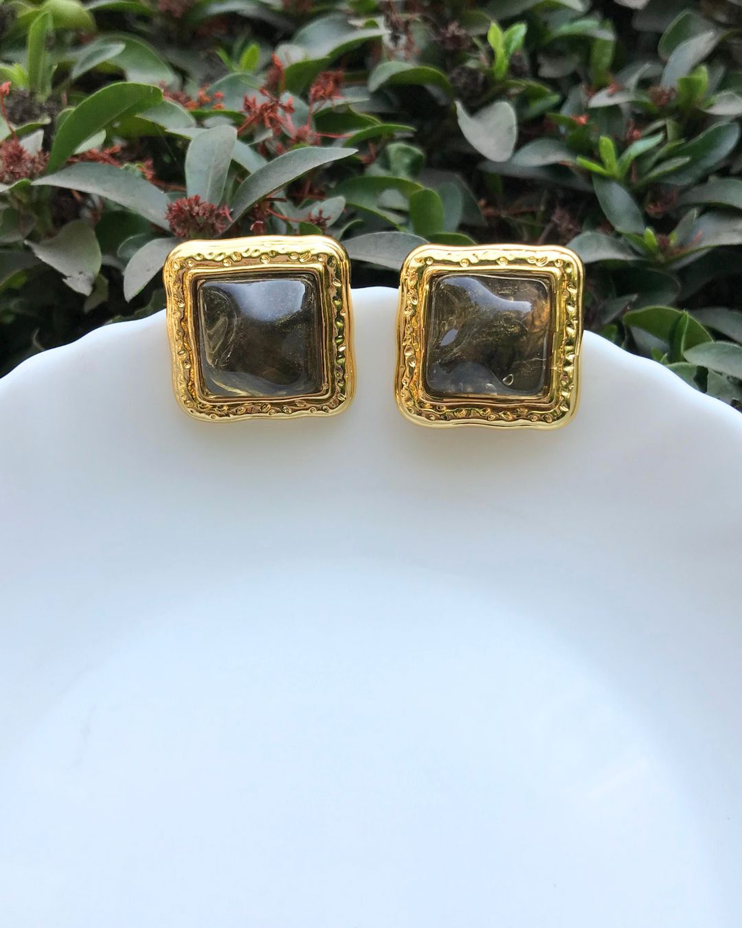 Golden Square Crystal Stud Earrings