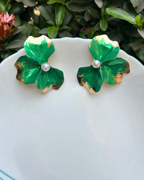 Green Flora Pearl Stud Earrings