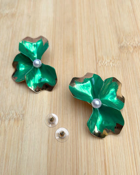 Green Flora Pearl Stud Earrings