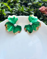 Green Flora Pearl Stud Earrings