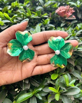Green Flora Pearl Stud Earrings