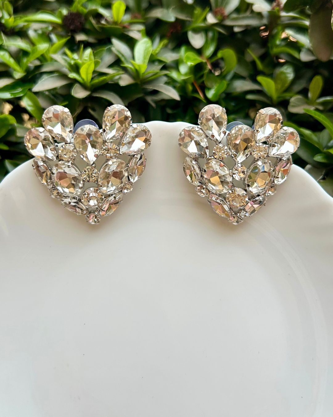 Silver Rhinestone Heart Stud Earrings