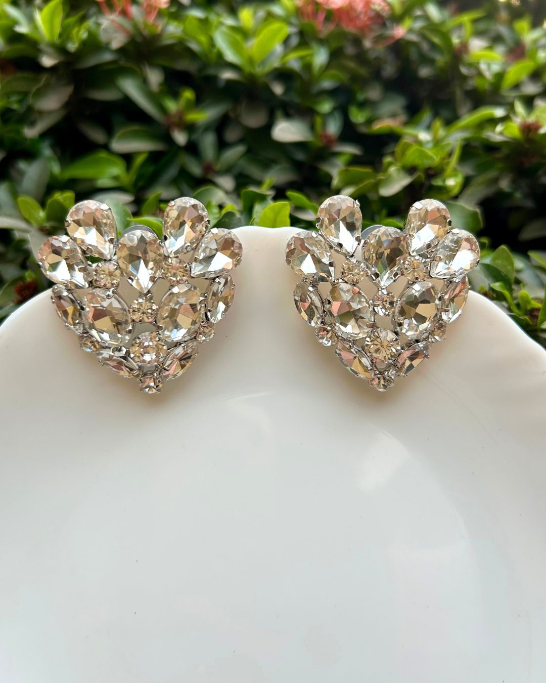Silver Rhinestone Heart Stud Earrings