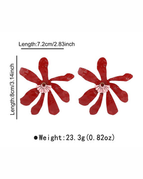 Red Petal Beaded Flower Stud Earrings