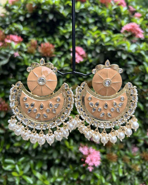 Gold-Plated & Beige Handcrafted Kundan Studded Crescent Shaped Chandbalis